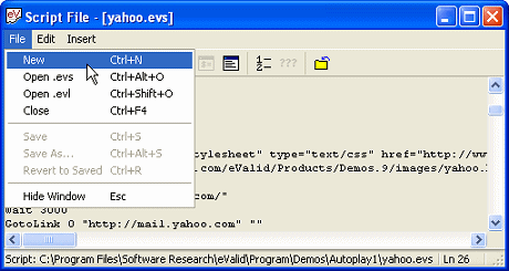 eValid Script Window File Pulldown