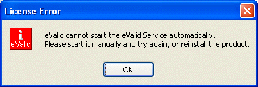 eValid License Error Popup Message