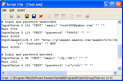 Sample of Script Window Showing 
	a login and password unencoded,
	followd by a login and password that has been encoded.