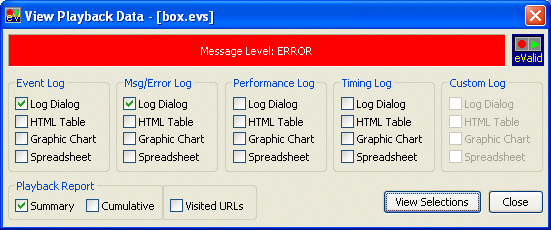 Sample of Playback Data Dialog With Error State (Red)