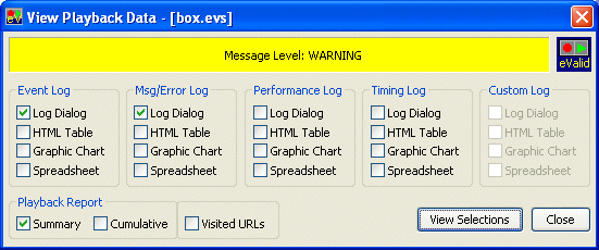 Sample of Playback Data Dialog With Warning State (Yellow)