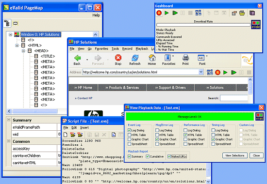 eValid Record/Play showing script, eventlog, dashboard, green playback summary, and pagemap.